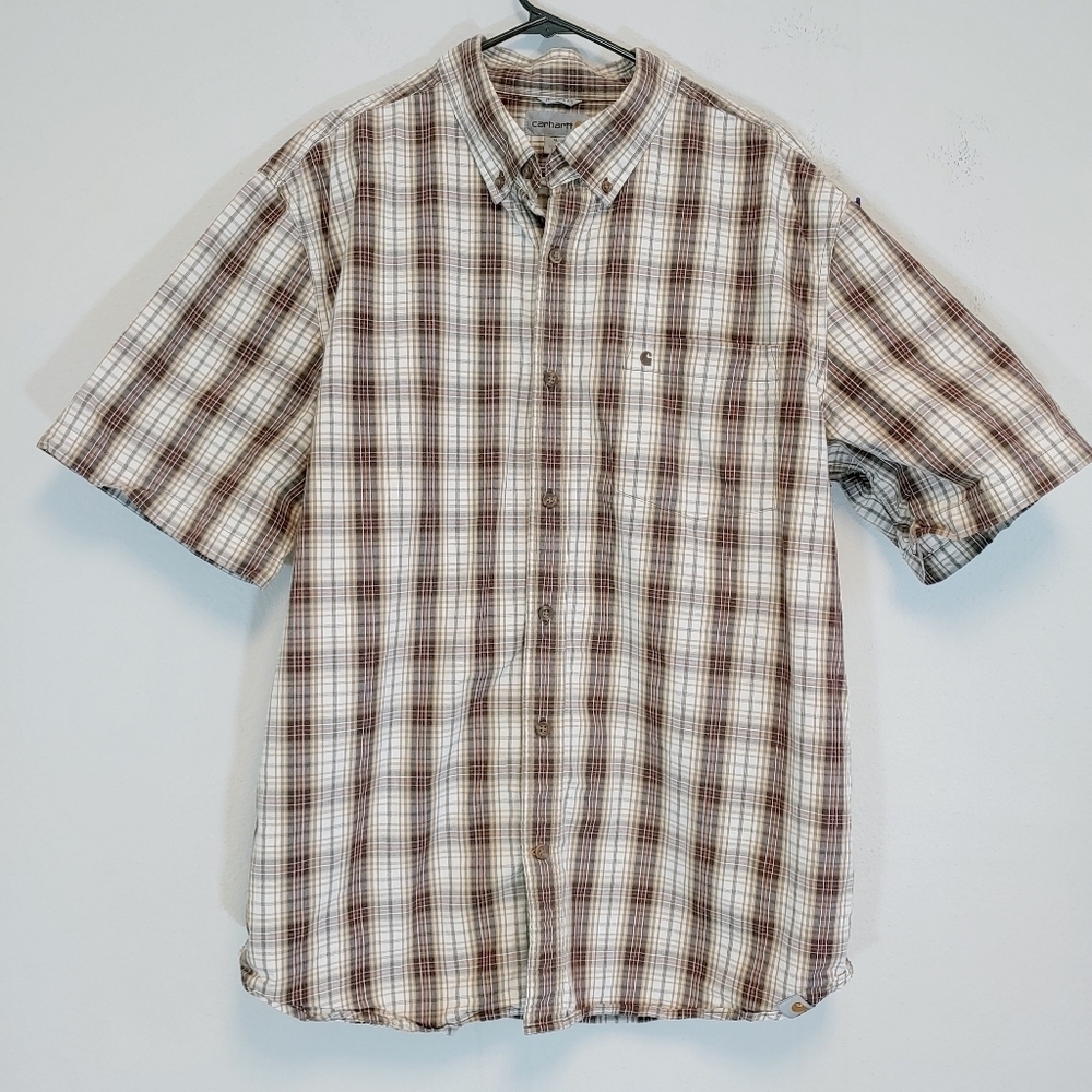 Carhartt Men's Relaxed Fit Plaid Button Down Short Sleeve Shirt Sz XL Outdoors